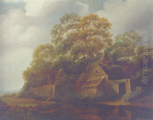 Farmhouses Among Trees By A River, On A Cloudy Day - view 1