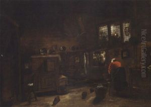 A Cottage Interior With A Washerwoman