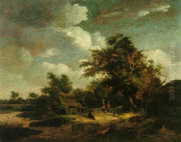 A Wooded Landscape With Peasants On A Path - view 1