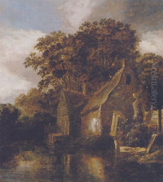 A Wooded River Landscape With A Figure In A Rowing Boat Beside A Cottage - view 1