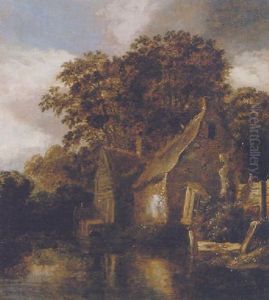 A Wooded River Landscape With A Figure In A Rowing Boat Beside A Cottage