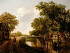 Landscape With Trees By A River And Figures On A Wooden Bridge