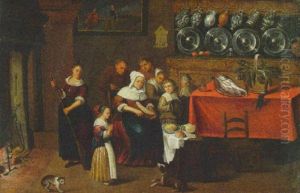 A Kitchen Interior With A Family Gathered Near A Table A Kitchen Interior With A Family Gathered Near A Table