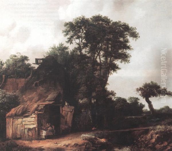 Farmhouse By A Stream, With A Peasant Girl Feeding A Pig - view 1