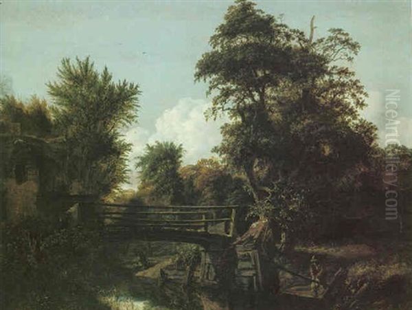 Woodland Landscape With Figures Beside A Bridge Crossing A Stream - view 1