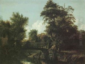 Woodland Landscape With Figures Beside A Bridge Crossing A Stream Woodland Landscape With Figures Beside A Bridge Crossing A Stream
