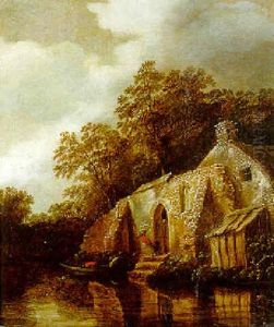 A River Landscape With A Peasant At A Cottage Door by Cornelis Gerritsz Decker