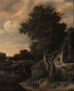 Landschaft Mit Einem Gehoft An Einem Flus