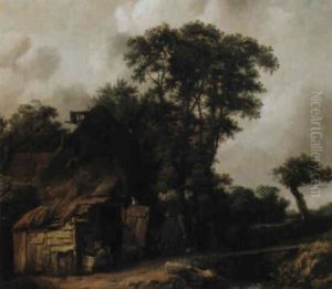A Farmhouse By A Stream Wtih A Peasant Feeding A Pig