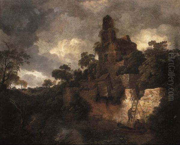 Wooded River Landscape With Fishermen By A Ruined Castle - view 1