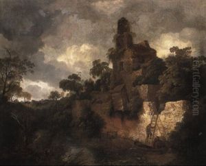 Wooded River Landscape With Fishermen By A Ruined Castle thumbnail