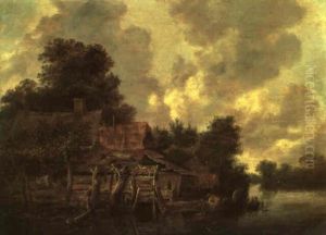 Figure Unloading A Rowing Boat Beside A Farmstead On A River