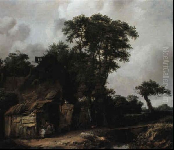A Farmhouse By A Stream With A Peasant Feeding A Pig - view 1