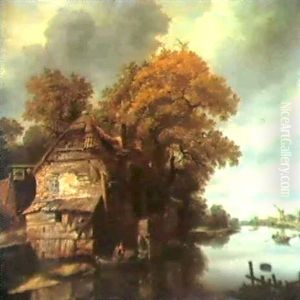 A Lowland River Landscape: To The Left A Thatched Inn...