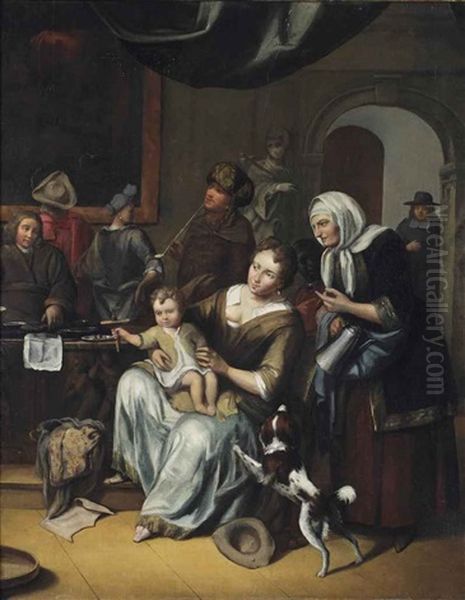 A Mother And Child And Other Figures In An Interior - view 1