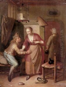An Interior With An Amorous Couple, A Procuress In The Doorway by Frans Decker
