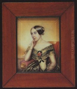 A Lady Wearing A Green Decollete Dress With Green Velvet Ribbon And A Pink Rose At Her Corsage by Gabriel Decker