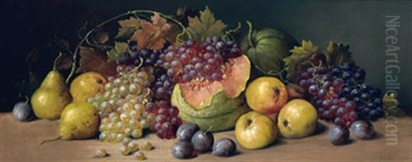 Still Life With Watermelon, Grapes, Pears And Plums by Joseph Decker