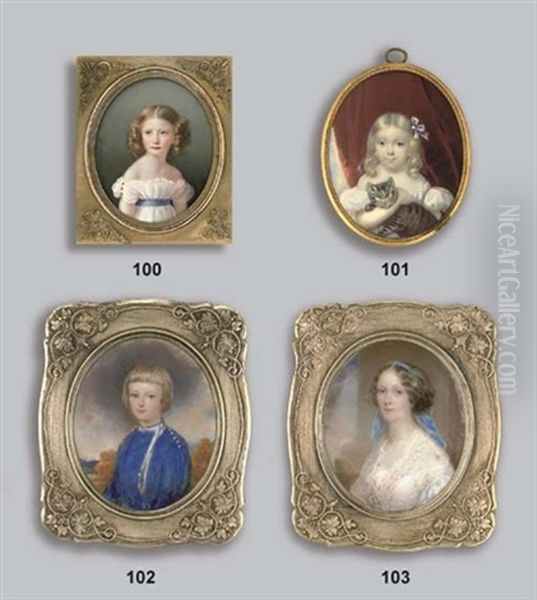 A Young Girl (maria D'oubril, Later Baroness Maria Von Budberg?), In Off-the-shoulders Pleated White Dress With Short Gauze Sleeves Fastened With Three Gold Buttons, Blue Sash, Fair Hair - view 1