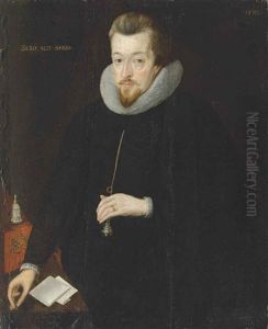 Portrait Of Robert Cecil, 1st Earl Of Salisbury, In A Black Doublet And White Ruff, His Left Hand Holding A Pomander, His Right Hand Holding A Seal