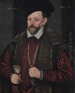 Portrait Of A Gentleman, Half-length, In A Red Doublet And A Fur-trimmed And Embroidered Coat, With A Black Hat And Gloves In His Right Hand