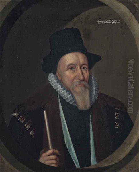 Portrait Of Thomas Sackville, 1st Earl Of Dorset (1536-1608), Half-length, In A Brown Coat And Black Hat, Holding A Rod Of Office by John Decritz the Elder