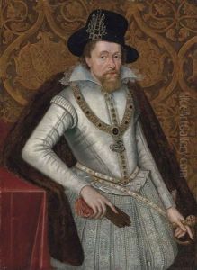 Portrait Of King James I Of England And Vi Of Scotland (1566-1625) In A White Doublet With A Lace Collar, Jewelled Hose And A Fur Cloak... (collab. W/studio)