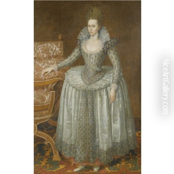 Portrait Of Anne Of Denmark, Wearing A White Farthingale Dress And Pearl Sash by John Decritz the Elder