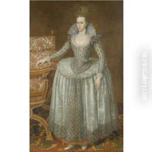 Portrait Of Anne Of Denmark, Wearing A White Farthingale Dress And Pearl Sash