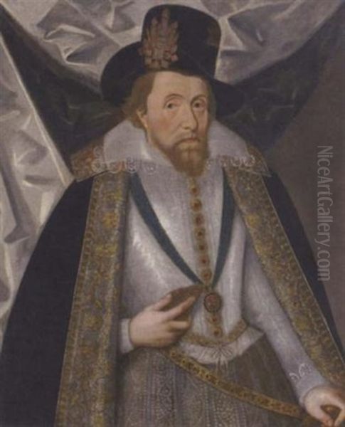 Portrait Of King James I Wearing A White Doublet, A Black Hat And A Lined Black Cloak - view 1