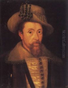 Portrait Of King James I In A White Satin Doublet, A Fur Trimmed Cloak And A Hat Decorated With Pearls And Jet