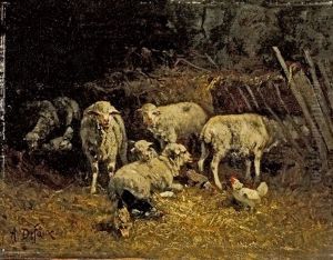Stallinneres Mit Schafen Und Huhnern by Alexandre Defaux