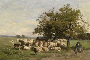 Schafherde Und Hirte In Einer Weiten Sommerlandschaft by Alexandre Defaux