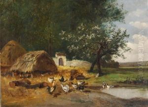 Landschaft Mit Teich, Huhnern Und Enten by Alexandre Defaux