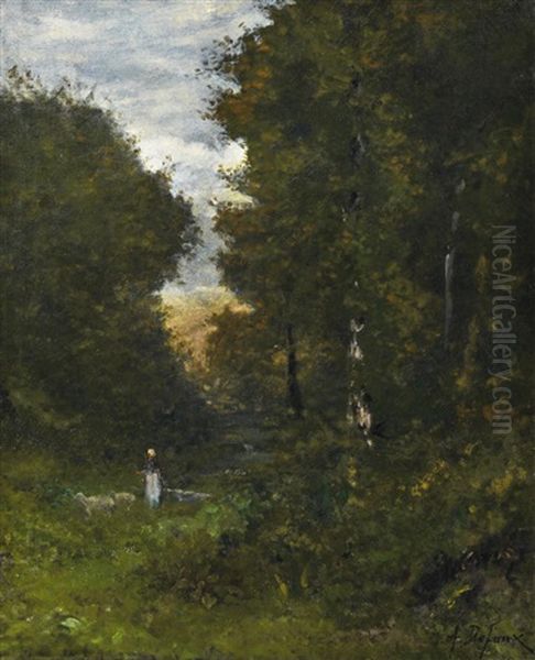 Madchen Mit Schafen Im Wald Von Fontainebleau - view 1