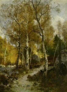 Waldlandschaft Mit Zwei Rehen by Alexandre Defaux