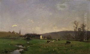 Weite Landschaft Mit Dorf Und Kuhen by Alexandre Defaux
