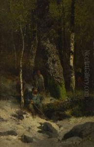 Holzsammler In Waldlandschaft by Alexandre Defaux