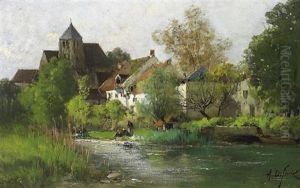 Idyllisches Kirchdorf Am Flus. Am Ufer Wascherinnen Bei Ihrem Tagewerk Idyllisches Kirchdorf Am Flus. Am Ufer Wascherinnen Bei Ihrem Tagewerk