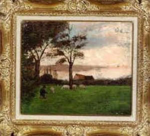 A Shepherd Tending To His Flock With A Country Cottage In The Distance by Alexandre Defaux