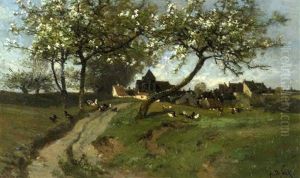 Poules Sous Les Arbres Dans La Campagne by Alexandre Defaux