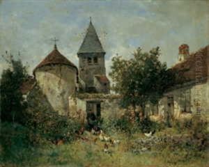 Kirchhof Mit Huhnerfutterndem Cure by Alexandre Defaux