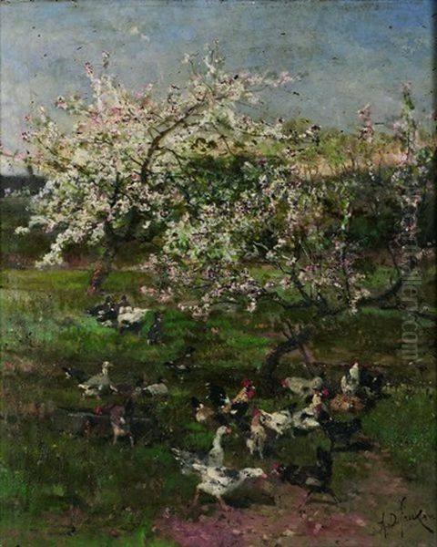 Printemps, Poules, Coqs Et Canards Sous Le Pommier En Fleurs - view 1