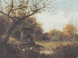 Gartenlandschaft Mit Ziehbrunnen Und Baumen