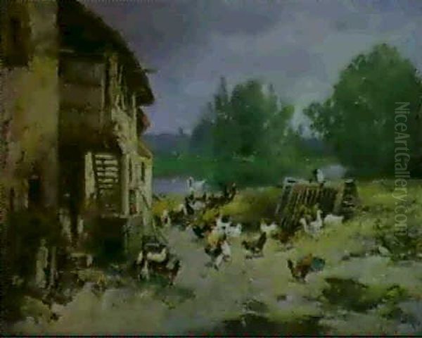 Coqs, Poules Et Canards Pres De La Mare - view 1