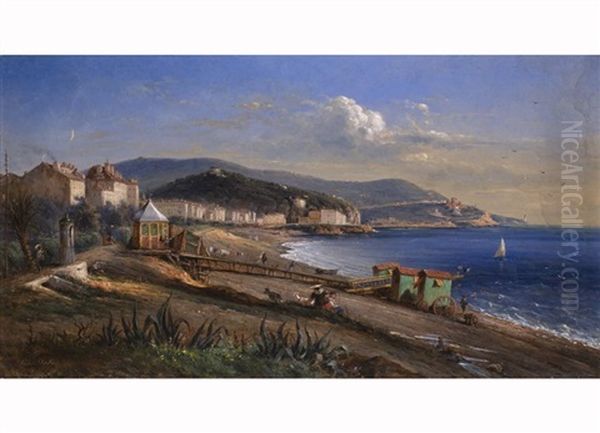 Uferlandschaft Mit Am Strand Stehenden Badekarren In Der Bucht Von Nizza - view 1