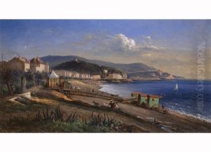 Uferlandschaft Mit Am Strand Stehenden Badekarren In Der Bucht Von Nizza by Jean-Joseph-Jules Defer