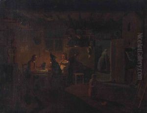 Men Playing Cards And Drinking In A Candlelit Tavern by Leonard Defrance