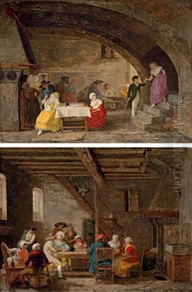 Interior Of An Inn With Elegant Figures Eating And Artisans Playing Cards In The Background (+ Interior Of An Inn With Mixed Company Taking Tea; Pair) - view 1