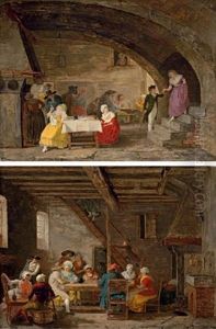 Interior Of An Inn With Elegant Figures Eating And Artisans Playing Cards In The Background (+ Interior Of An Inn With Mixed Company Taking Tea; Pair) by Leonard Defrance